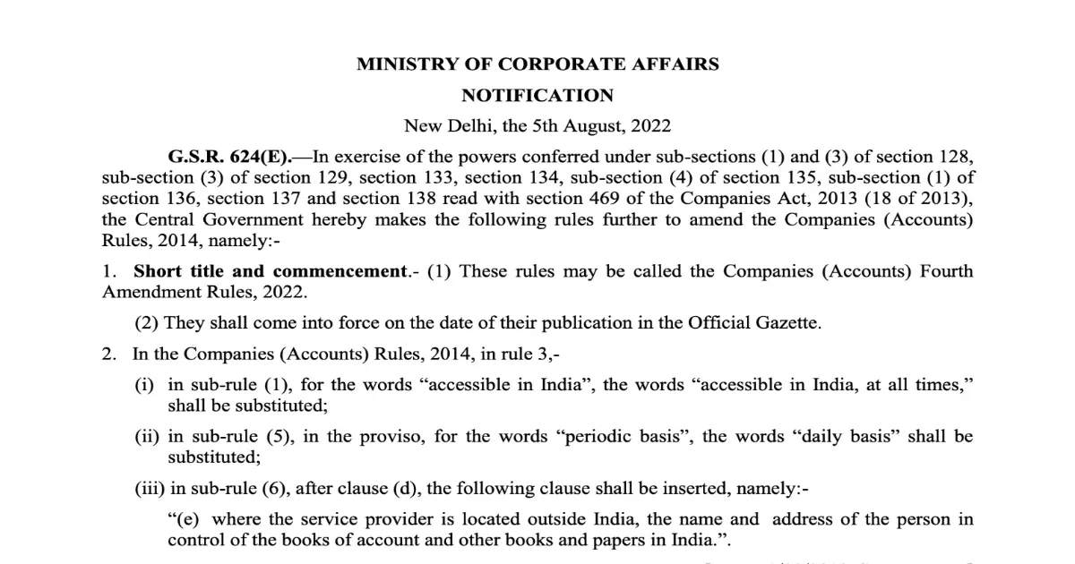 Official MCA notification mandating an audit trail (edit log) feature in accounting software for companies