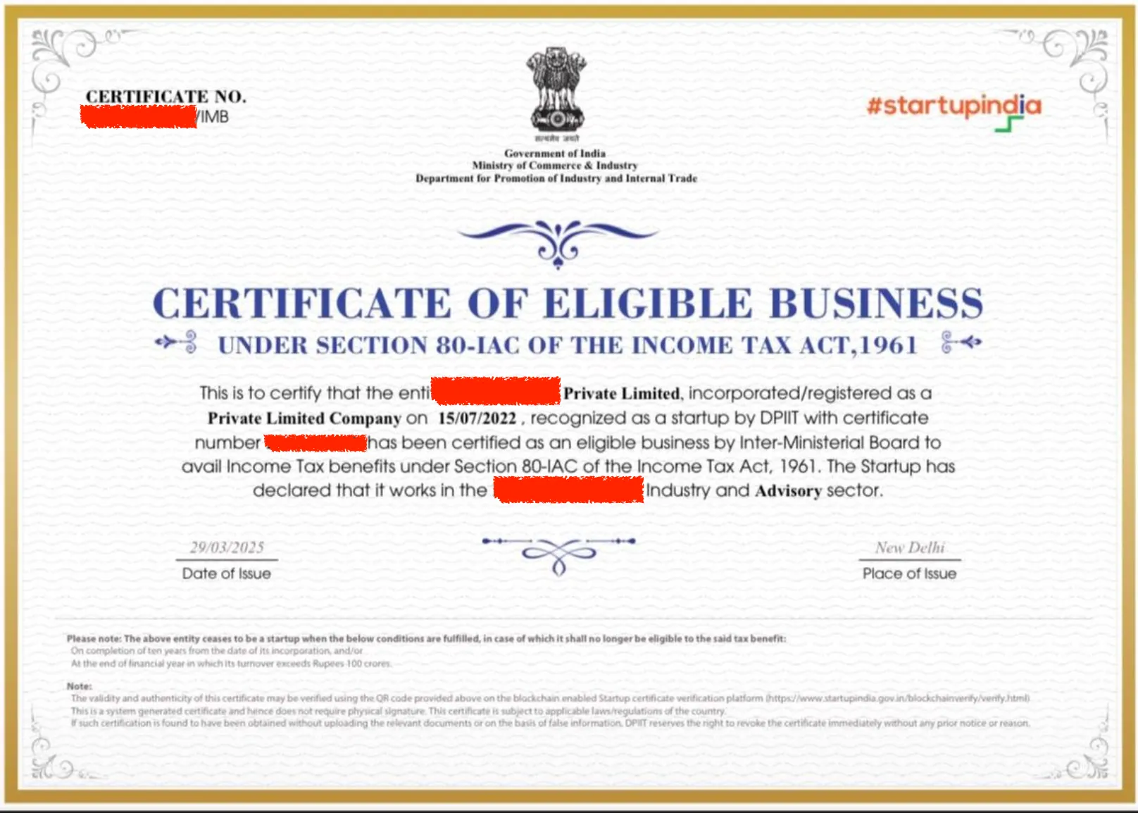 Sample Certificate of Eligible Business under Section 80-IAC of the Income Tax Act 1961, issued after Inter-Ministerial Board approval, certifying a DPIIT-recognised startup as eligible to avail the 3-year income tax exemption