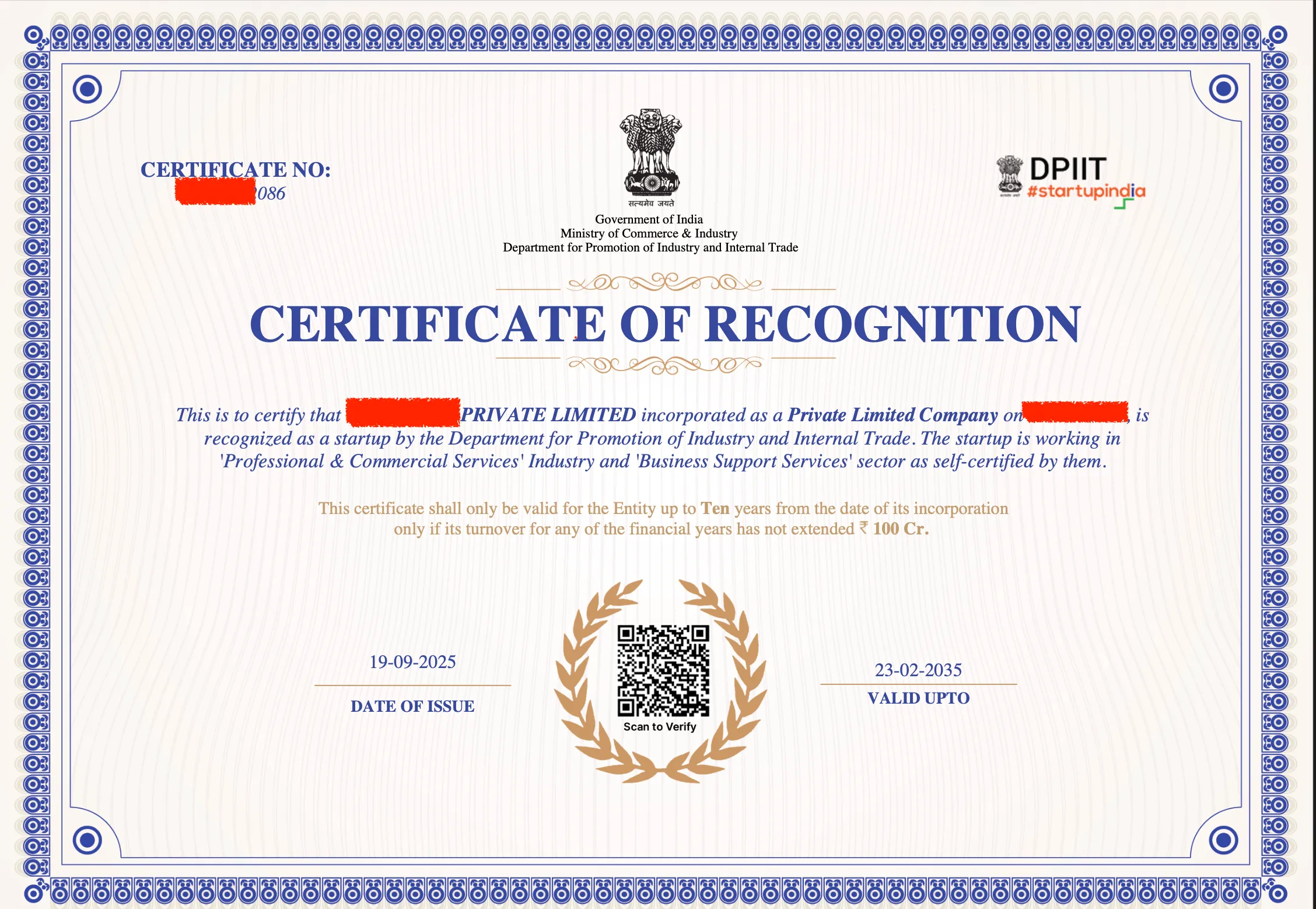 Sample DPIIT Certificate of Recognition issued by the Department for Promotion of Industry and Internal Trade under Startup India, certifying a Private Limited Company as a recognised startup, valid up to ten years from incorporation
